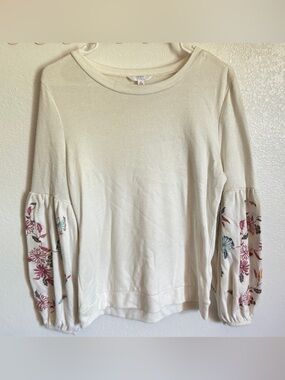 Time and Tru Cream Long-Sleeve Top with Floral Embroidered Balloon Sleeves